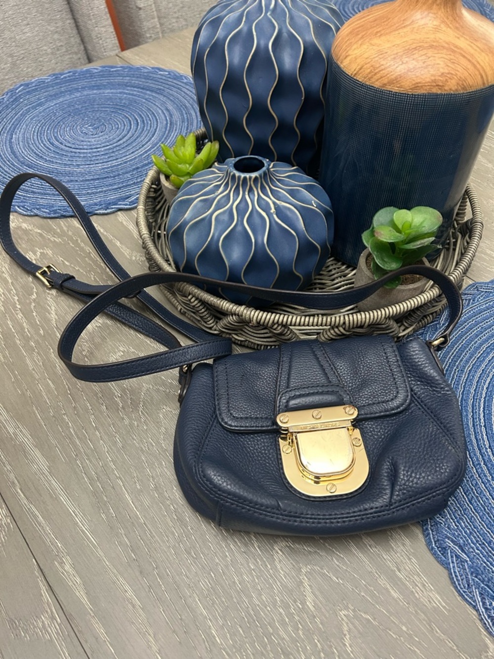 Michael Kors Navy Pebbled Leather Crossbody with Gold-Tone Lock - Picture 2 of 8